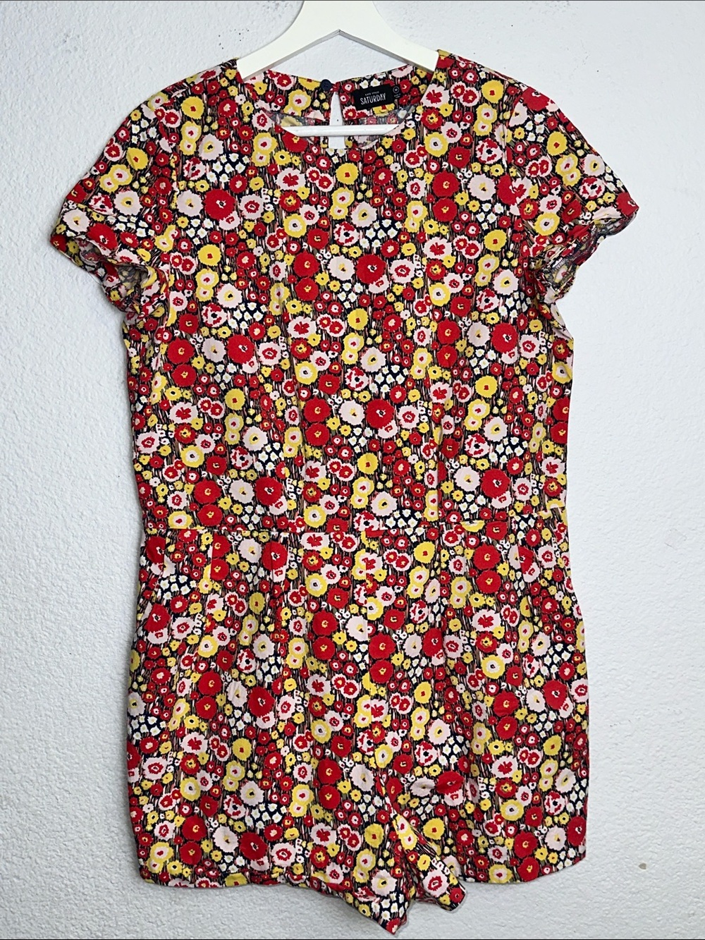 Kate Spade Saturday Floral Romper Red Yellow Black Short Sleeve Medium Cotton